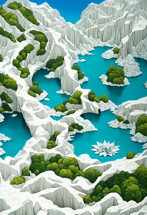 （（（arte em papel cortado，Flat paper cutout。）））paper art，with blue sky and white clouds，Green Mountains and Green Water，terraced， paper modeling art, paper art, made of paper, karol bak uhd, layered paper art, Extremely high detail, Intricate fantasy of rea...