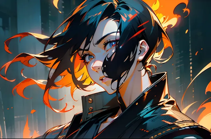 (best quality,highres,masterpiece:1.2),ultra-detailed,realistic,portrait,sharp focus,young man,fire katana,detailed eyes,detailed lips,embellished katana,smoky atmosphere,vivid colors,concept artists,literal flames in the background,backlit with warm light