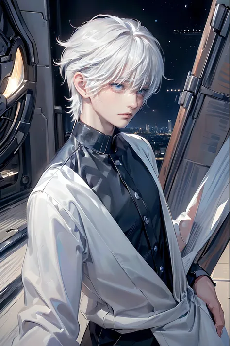 ((4K works))、​masterpiece、(top-quality)、One beautiful boy、Slim body、tall、((Black Y-shirt and white pants、Charming British knight style))、Please wear one jacket、(Detailed beautiful eyes)、Fantastic Night City、((City under the stars))、Fantastic city at midnig...