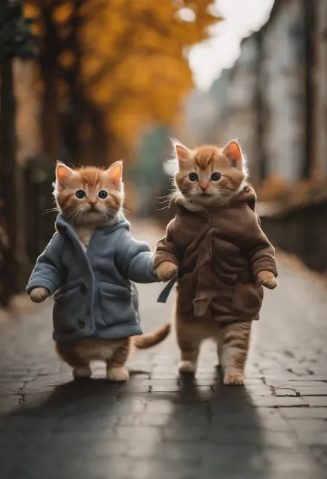 season for autumn、I have two little kittens, a cute little cat, cute kittens, Cutest, Incredibly cute, Adorable and cute, And cute and lovely. They are walking down the street with backpacks, Walking together, commute, Proudly walk down the street, And the...