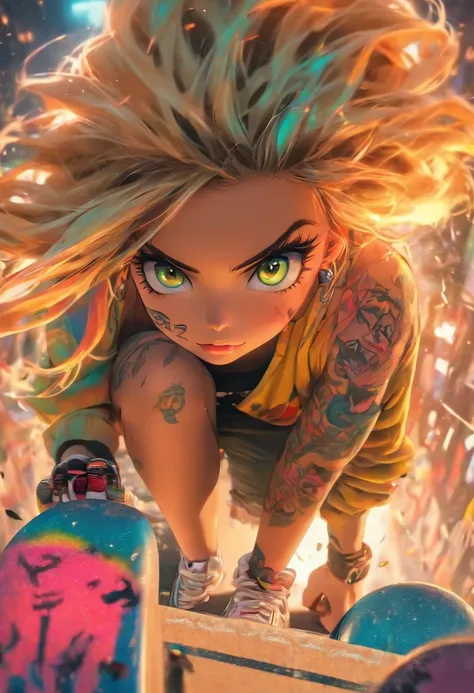 The most beautiful and sexy skateboard girl, rainbow colored hair, yellow eyes, wearing hoodie, graphic t-shirt, torn skinny jeans and highly detailed skateboard gear, tons of tattoos and piercings, highly detailed background, perfect masterpiece, high qua...