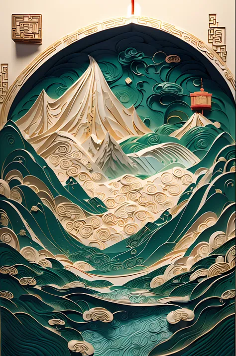 (ancient chinese landscapes:1.4)，(illustration:1.3，paper art:1.3, quilted paper art:1.2),( reasonable design, clear lines,best q...