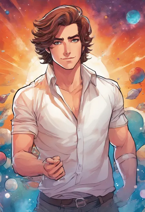 Man, brown hair, orange eyes, cock in hand, in the middle of the cosmos, ((bara style)), white shirt, soft colors, colorful background, cosmic background, soft strokes