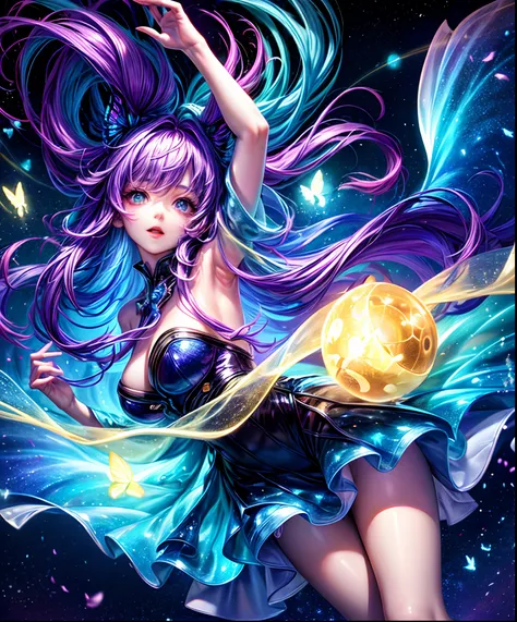 Cute iridescent round monster in space、Iridescent grass々Drawing a butterfly flying above, Looking up at the starry sky. Surround her with colorful nebulae and colorful forests. Colorful night view