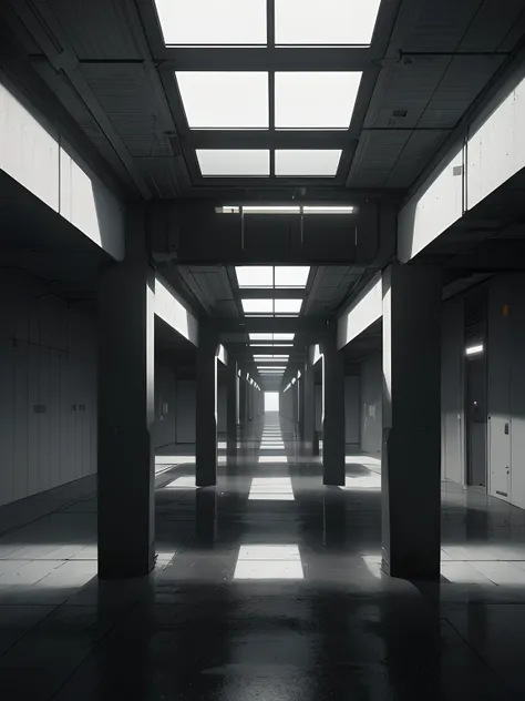 A vast, lightless and very dark corridor with no windows in an empty research facility　16:9　Underpass lined with closed square pillars　View from above　Black background　High Detail　level　Realistic lighting　3d rendered　Background of the vast research facilit...