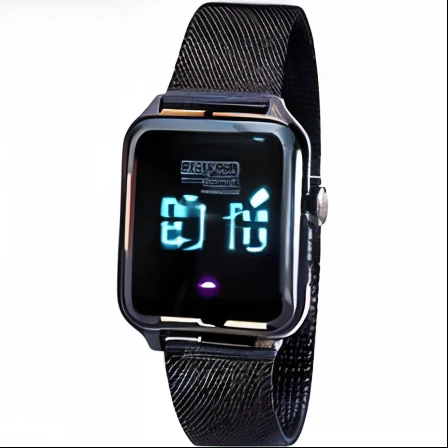 A black digital watch with a mesh strap and a digital display, Modernistic, Mono, Resinas, imagem detalhada, monotone, Produto fosco todo preto, com linhas elegantes e um poderoso, Minimalista modernoo F 2 0, clocks, moderno, cor principal preta, Shenzhen,...