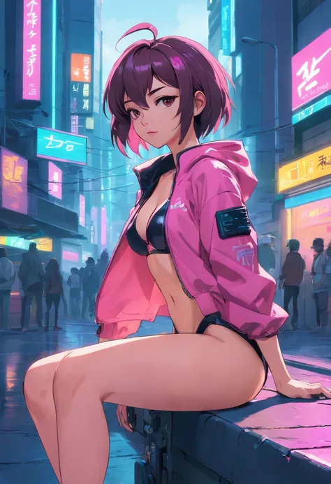 a woman in a pink bikini and black jacket sitting on the street, cyberpunk art style, cyberpunk 2 0 y. o model girl, hyper-realistic cyberpunk style, cyberpunk vibes, cyberpunk style ， hyperrealistic, cyberpunk beautiful girl, cyberpunk art ultrarealistic ...