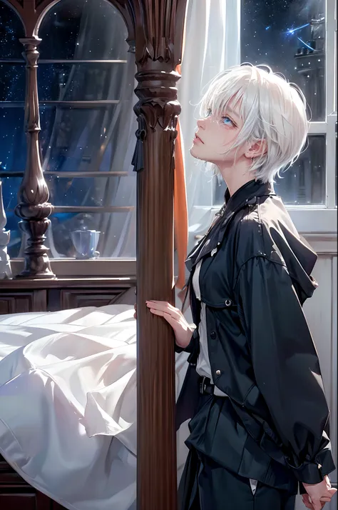 ((4K works))、​masterpiece、(top-quality)、One beautiful boy、Slim body、tall、((Black Y-shirt and white pants、Charming British knight style))、Please wear one jacket、(Detailed beautiful eyes)、Fantastic Night、((You can see the starry sky from the window))、Fantast...