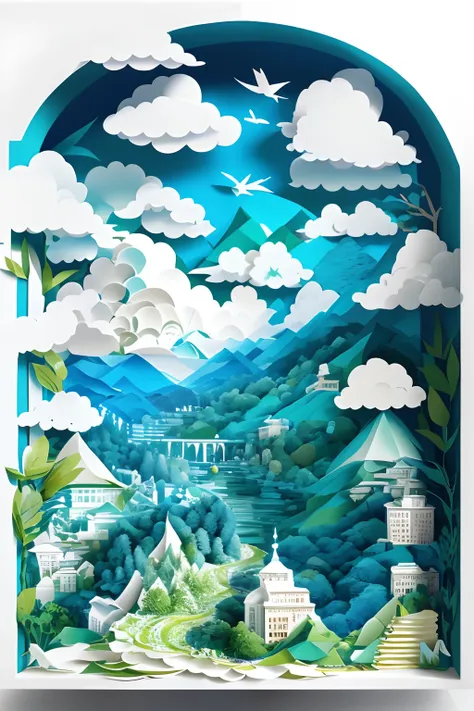 （（（tmasterpiece））），best qualtiy，illustratio，paper art，with blue sky and white clouds，green mountains and green water，terraced， p...