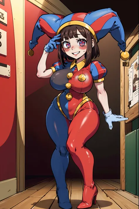 1girl, solo, indoors, full body, standing, smile, pomni, multicolored clothes, jester cap, puffy short sleeves, gloves, buttons, colored skin, symbol-shaped pupils, red eyes, blue eyes, huge breast, curvy