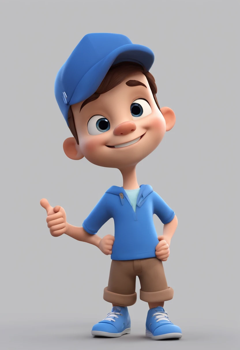 A happy handsome boy standing short hair with blue cap , double thumbs up, vestindo uma camisa azul , , fundo branco, barnet, tom, Estilo Pixar, ..3d, desenhos animados, rosto detalhado, asymmetrical 16k