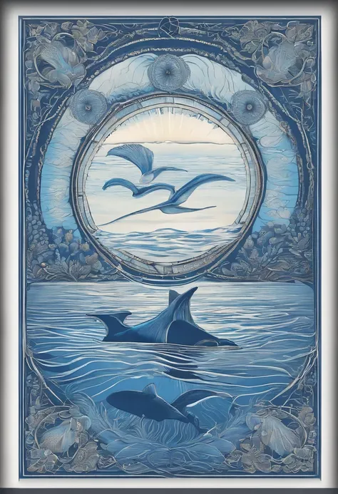 There is the text "Guardian Blue Pulsation"，The theme is "Focusing on Ocean Health."，Protecting the Blue Planet"，The pattern is circular，The base color is blue，There are whales，The corals，swell sea，Sea flowers，sea shell，Marine elements such as conch，Simple...