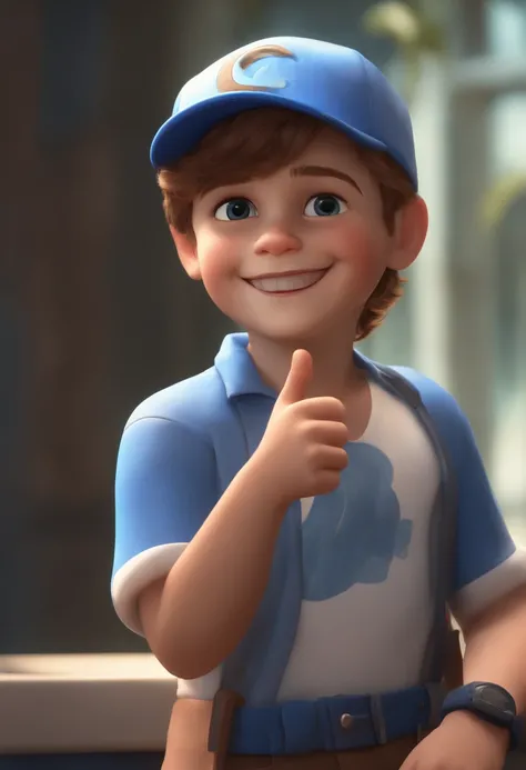 A happy handsome boy standing short hair with blue cap , double thumbs up, vestindo uma camisa azul , , fundo branco, barnet, tom, Estilo Pixar, ..3d, desenhos animados, rosto detalhado, asymmetrical 16k