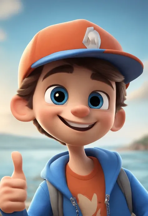 A happy handsome boy standing short hair with blue cap , double thumbs up, vestindo uma camisa azul , , fundo branco, barnet, tom, Estilo Pixar, ..3d, desenhos animados, rosto detalhado, asymmetrical 16k