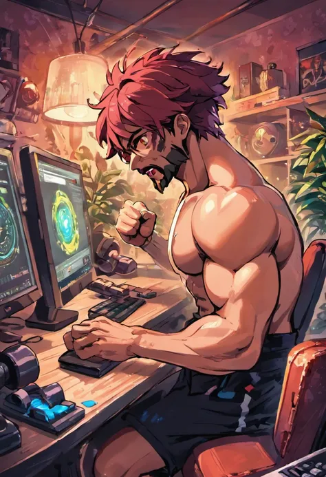 (a man updating a blog on a computer in his room, loungewear, proteins, dumbbells, ultra-detailed scene, representation of high-quality, fitness hobby, studio lighting), acrylic painting, vivid colors, warm color tones, gentle sunlight, beautiful detailed ...