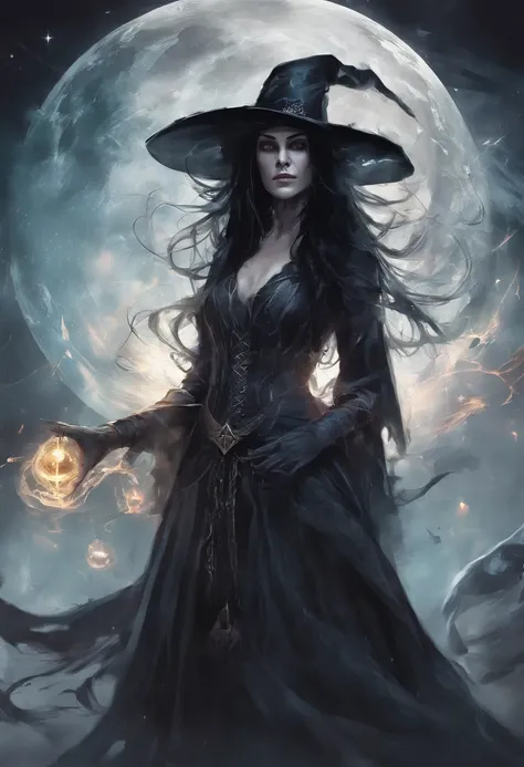 Villain, 200-year-old witch, Long Black Hair, The magic of her hands shining