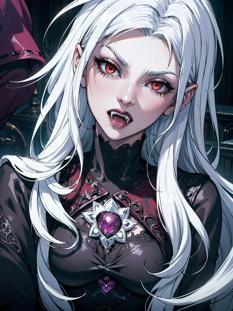 high vampire female, goth renaissance, white hair, intricate, white glowing eyes, fantastical, vampire, fangs, hyper detailed, 3...