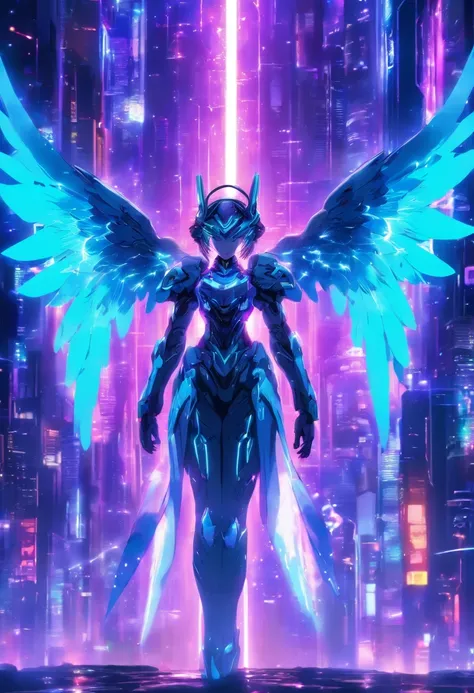 1girl,frente,Tiro de meio corpo parado,((Saints halo hovers above)),calmo,Little Ethereal Girl,((O estilo de anime hipnotizante distinto de Midjourney)),Light reflective dress made as it can reflect surrounding neon lights,((2 angelic wings attached to the...