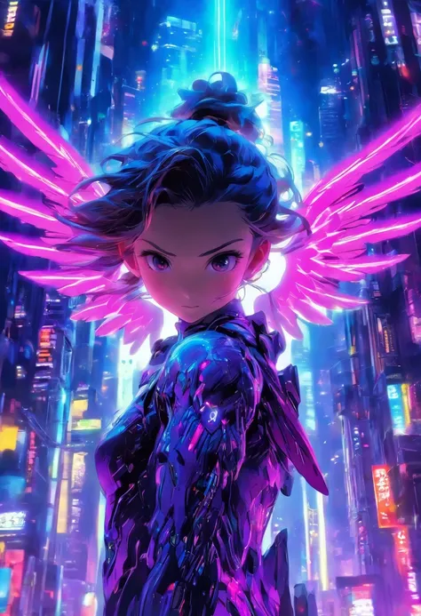 1girl,frente,Tiro de meio corpo parado,((Saints halo hovers above)),calmo,Little Ethereal Girl,((O estilo de anime hipnotizante distinto de Midjourney)),Light reflective dress made as it can reflect surrounding neon lights,((2 angelic wings attached to the...