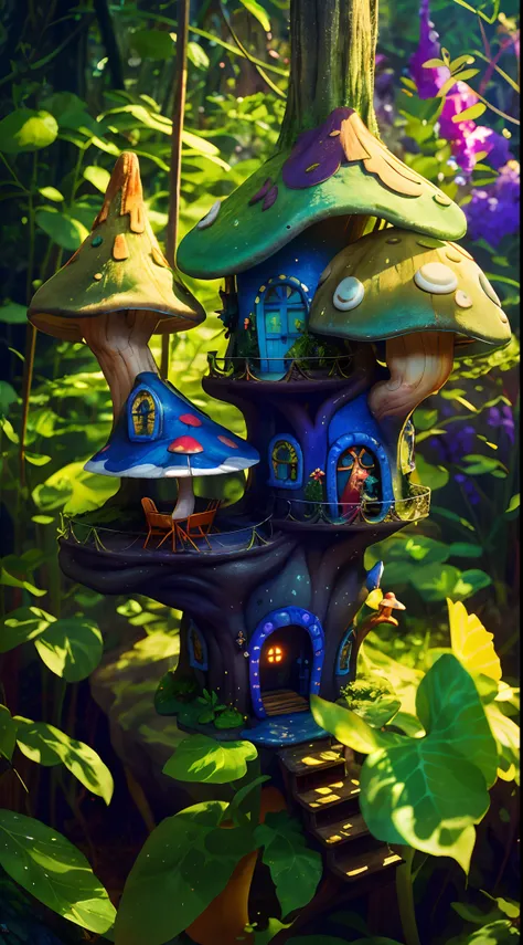 world in a bottle，a fairyland-like hideaway，colorful mushroom house，a fairy world