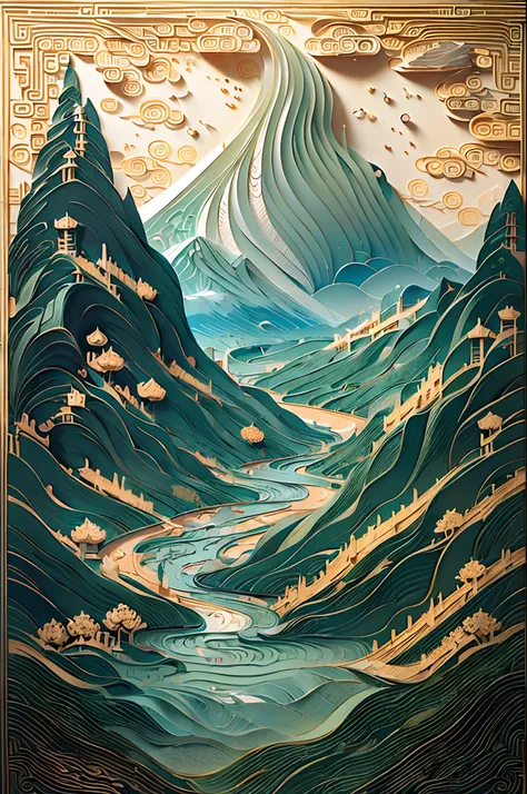 (ancient chinese landscapes:1.4)，(illustration:1.3，paper art:1.3, quilted paper art:1.2),( reasonable design, clear lines,best q...