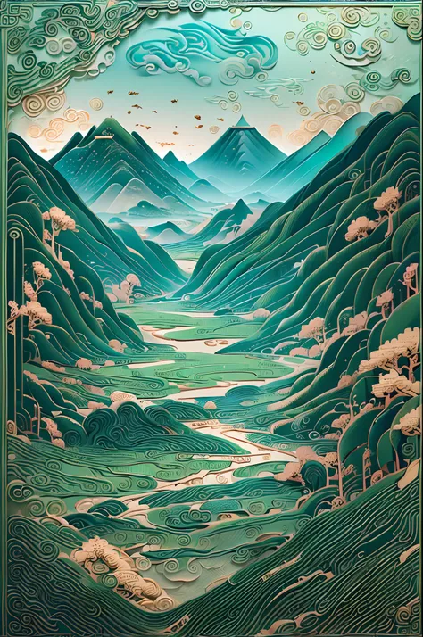 (ancient chinese landscapes:1.4)，(illustration:1.3，paper art:1.3, quilted paper art:1.2),( reasonable design, clear lines,best q...