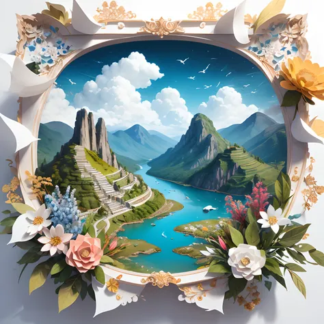 a beautiful painting，made of paper。picture frames。（with blue sky and white clouds，Green Mountains and Green Water，terraced），（（arte em papel cortado，layered paper art，Flat paper cutout，Stacked，Hollow-out on，3Drenderingof）），Front view，frontage