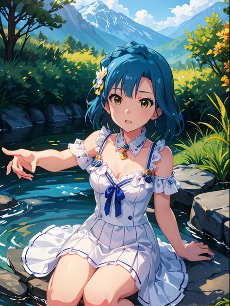 yuriko nanao (million live), 1 girl, solo, masterpiece, best quality, 8k, high resolution, sitting on the rock in the mountain stream, white dress, white sun dress,