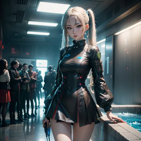 2 girls in、((top-quality)), ((​masterpiece)), (detaileds:1.4), 。.。.。.。Blue LED is on、Blue eyes、.。.。.。.。.。.3D, Blue Eyes Slender、Short skirt with blue LED、Twintail hairstyle,Beautiful Cyberpunk Woman Image,nffsw(HighDynamicRange),Ray traching,NVIDIA RTX,Hyp...