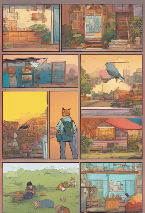 American comic, Comic Story、Displayed in multiple colored irregular panels. American Shorthair cat experiences hardship while running away from home、Reunited with the owner. Style is exaggerated、Details