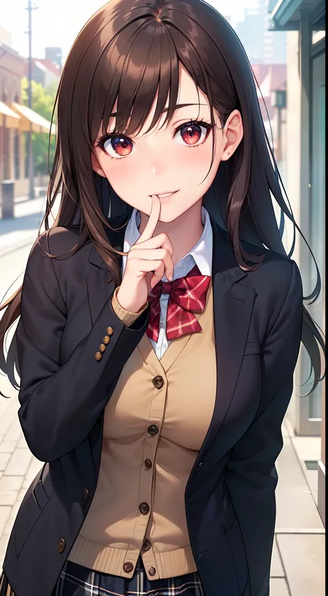 ((masterpiece, best quality, highres, UHD, perfect pixel, depth of field, 4k, RTX, HDR))), 1girl, single, solo, beautiful anime girl, beautiful artstyle, anime character, ((long hair, bangs, brown hair, curly hair:0.8)), ((red eyes:1.4, rounded eyes, beaut...