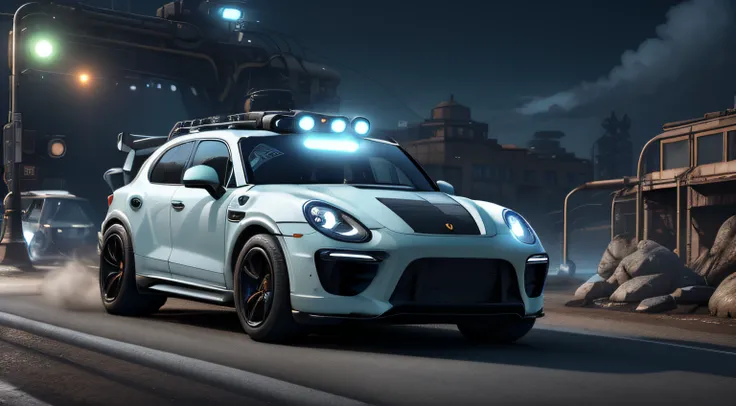 (but with) detailed retro-futuristic architecture,racing helmets,and goggles,and detailed AI driver facial features,ultra-detailed AI Porsche Cayenne exteriors,hot fiery exhaust pipes,massive black tires with white side walls,fast-speed motion blur,heated ...