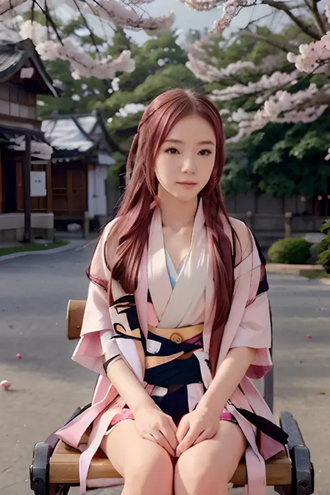 girl with short kimono and pink long hair, pony long hair, sitting on the bench, background of sakura tree,