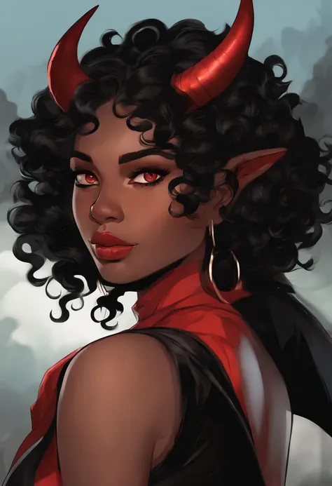 1 woman, adult, 24 years old, demon, medium black horns, brown skin, curly hair, short hair, black hair, red eyes, tall woman, medium chest, medium ass, cartoon style, 2d cartoon, perfect features