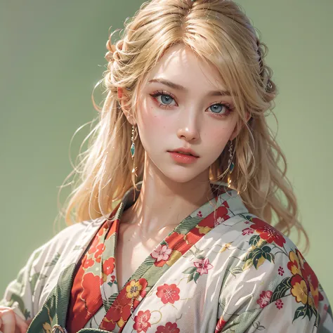 masutepiece, Raw photo，Photorealism，High resolution，Best Quality，High Definition, Perfect composition, Perfect face, Perfect body, 32K，Cinematic lighting，Russian woman，a blond，hime-cut，Full body photo，Kimono，鎖骨，Off-shoulder，Raw feet，