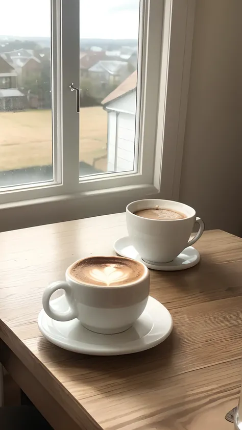 A cup of cappuccino coffee on the table next to a 3-wick candle, a book and wool threads next to the window overlooking the back garden The weather is rainy and cloudy Photo by mobile phone camera