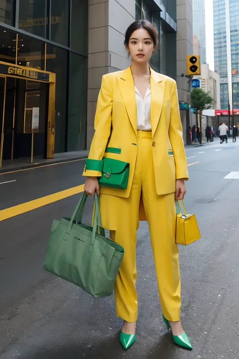 A beauty with three-dimensional facial features，Yellow suit suit，Under the building，Holding a green bag in his hand