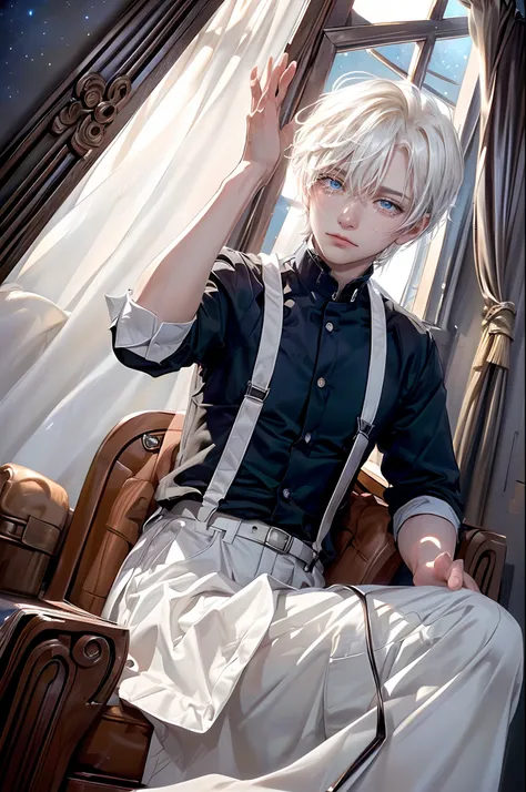 ((4K works))、​masterpiece、(top-quality)、One beautiful boy、Slim body、tall、((Black Y-shirt and white pants、Charming British knight style))、Please wear one jacket、(Detailed beautiful eyes)、Fantastic Night、((You can see the starry sky from the window))、Fantast...