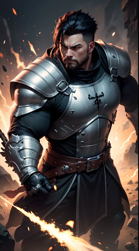 Realistic, 8k image of a strong man, dressed in a black cleric outfit and with silver RPG-style shoulder pads, concentrating power in his fists, anime style art