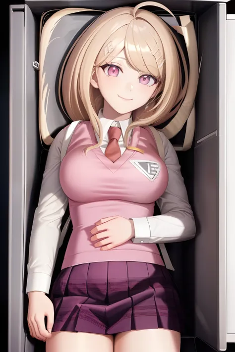 Masterpiece, Best Quality, KaedeDG, 1girl, necktie, sweater vest, breasts, looking at viewer, shirt, long sleeves, solo, backpack, beamed eighth notes, white shirt, collared shirt, medium breasts, school uniform, smile, solo, close-up, lying down