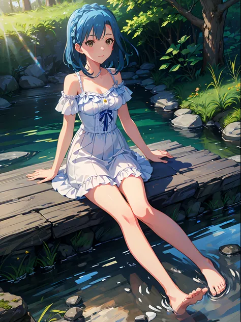 yuriko nanao (million live), 1 girl, Solo, masutepiece, Best Quality, 8K, High resolution, Sitting on a rock in a mountain stream, light smile, White Dress, white sundress, In the forest,