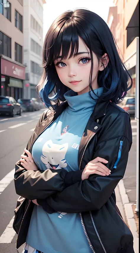 Anime Girl, Face: Cuteness and smile, Eyes: Cute and blue color, Clothes: Blue color in modern clothes, hair: Half black and half blue with the best hairstyles, Background: Dark Black, Types of images: Ultra realistic 8K.