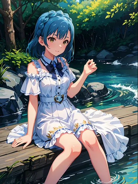 yuriko nanao (million live), 1 girl, Solo, masutepiece, Best Quality, 8K, High resolution, Sitting on a rock in a mountain stream, rapid stream, light smile, White Dress, white sundress, In the forest,