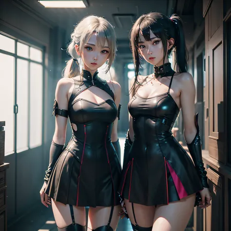 2 girls in、((top-quality)), ((​masterpiece)), (detaileds:1.4), 。.。.。.。Blue LED is on、Blue eyes、.。.。.。.。.。.。.3D, Blue Eyes Slender、Short skirt with blue LED、Twintail hairstyle,Beautiful Cyberpunk Woman Image,nffsw(HighDynamicRange),Ray traching,NVIDIA RTX,H...