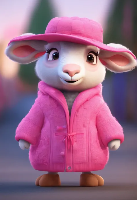 Sheep wearing a pink hat and pink zootopia style coat