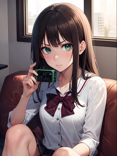 ((Masterpiece, Best quality, A high resolution, hyper HD, Perfect pixels, Depth of field, 4K, RTX, hdr))), 1girll, Single, Solo, Beautiful anime girl, Beautiful Art Style, anime figure, ((Long hair, bangs, Brown hair, Curly hair:0.8)), ((Green eyes:1.4, Ro...