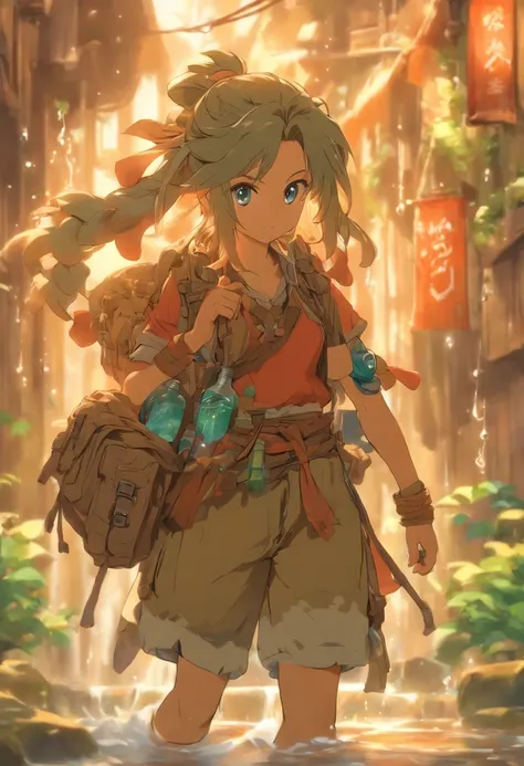 create a character who would be a young traveler with an old backpack and a canteen of old water strapped to her waist, a peasant with a warrior style model sheets