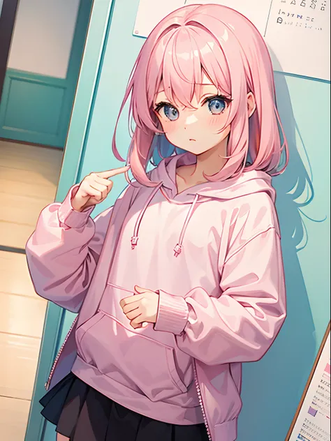 One girl、Pink hair、PastelColors、Cute、blush, tiny chest, oversize hoodie