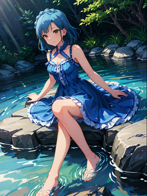 yuriko nanao (million live), 1 girl, Solo, masutepiece, Best Quality, 8K, High resolution, lying on a rock in a mountain stream, rapid stream, light smile, blue Dress, In the forest,