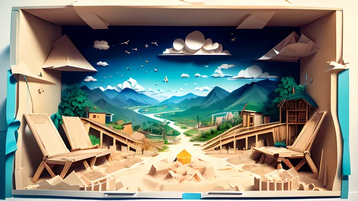 (sandbox:1.4),Movie Angle,（Sun，with blue sky and white clouds，Green Mountains and Green Water，terraced）,(paper art,Quilted paper art,geomerty),(Extremely colorful, Best quality, high detal, Masterpiece, Cinematic lighting, 4K, Chiaroscuro)